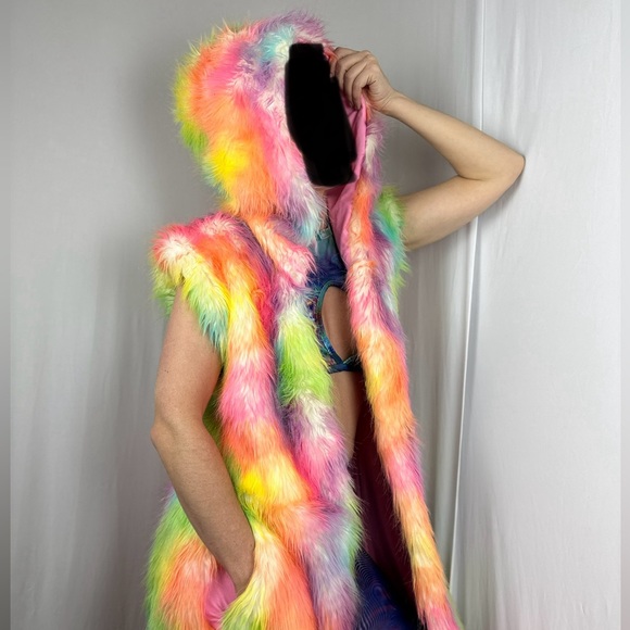 LONG Fur LED Glowing Light Up Coat Burning Man Rave Festival Rainbow Pastel EDC - Picture 12 of 16
